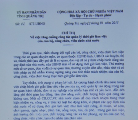 Ghi hình, phát sóng công khai công chức chơi game trong giờ làm việc - 2 Chỉ thị do UBND tỉnh Quảng Trị vừa ban hành (Ảnh: Nguyễn Tuấn)