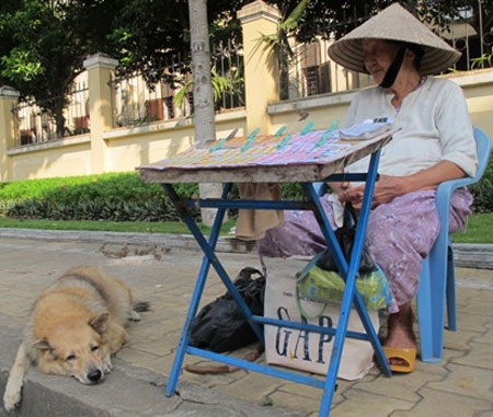 Chuyện bà cụ bán vé số cùng chú chó và đàn chim sẻ - 1 Cụ Sao âu yếm nhìn chú chó đã theo cụ đi bán vé số 10 năm nay