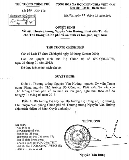 Thượng tướng Nguyễn Văn Hưởng nghỉ hưu - 1 Quyết định về việc Thượng tướng Nguyễn Văn Hưởng nghỉ hưu theo chế độ