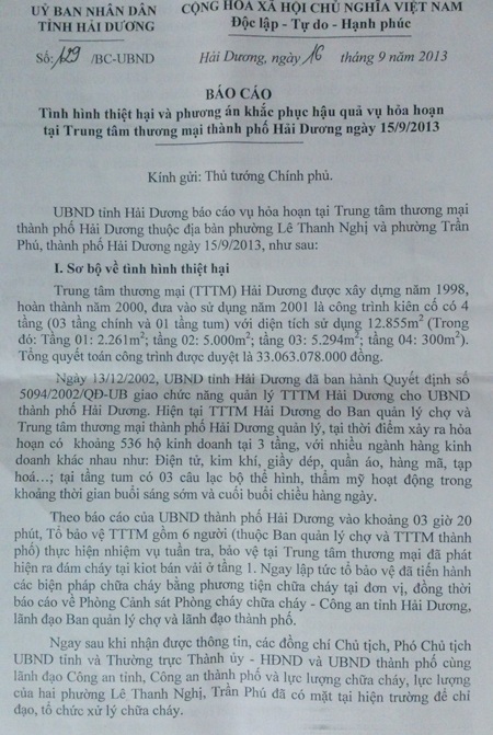 Vụ cháy trung tâm thương mại: Tỉnh Hải Dương báo cáo gì với Chính phủ? - 2 Báo cáo của UBND tỉnh Hải Dương gửi Thủ tướng Chính phủ