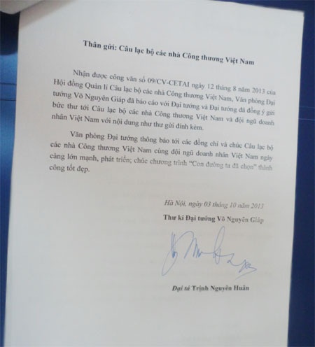 Thư xác nhận của Đại tá Trịnh Nguyên Huân - Thư ký của Đại tướng