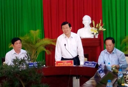 Chủ tịch nước thăm công trình Khu lưu niệm GS.VS Trần Đại Nghĩa  - 1 Chủ tịch nước Trương Tấn Sang làm việc tại Vĩnh Long. (Ảnh Phạm Thị Bình/Vietnam+)