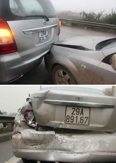 4 ô tô “cắn đuôi” nhau trên cầu Thanh Trì - 3 Hiện trường vụ tai nạn