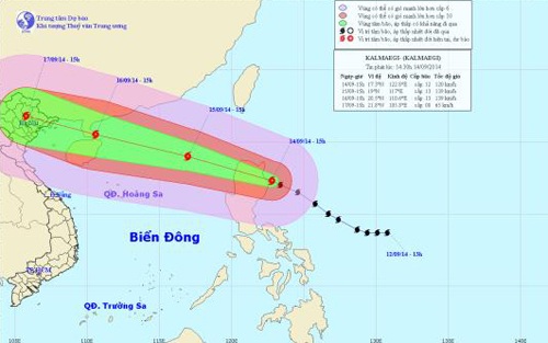 Sẵn sàng sơ tán dân vùng ven biển từ Quảng Ninh đến Ninh Bình - 1 Hướng đi của bão Kalmaegi.