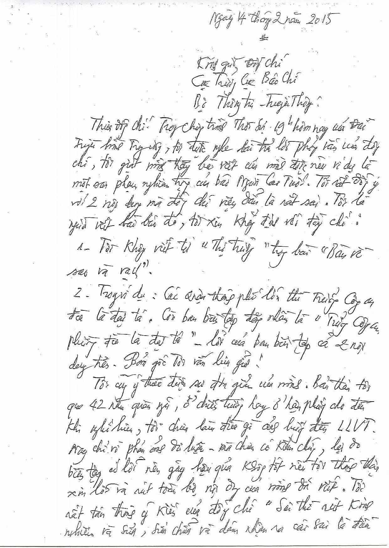 Nội dung bức thư của ông Lê Quang Tạo gửi Bộ TT&TT