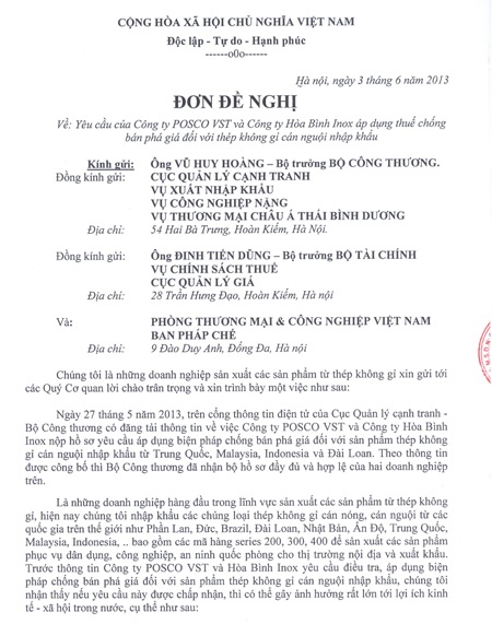 Nguy cơ bị dồn vào “cửa tử”, gần 50 DN cầu cứu Bộ trưởng - 1 Lá đơn mà gần 50 DN ký tên chung gửi tới Bộ Công thương, Bộ Tài chính, VCCI