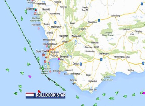 Tàu ngầm Kilo TP.HCM sắp vào Ấn Độ Dương - 1 Vị trí của tàu Rolldock Star lúc 13h36 ngày hôm nay. Ảnh ANTĐ