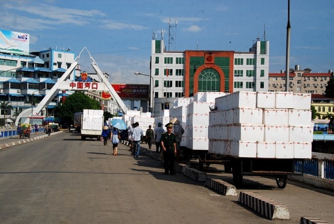  Xuất khẩu vải thiều tươi sang Trung Quốc qua cửa khẩu Lào Cai. Ảnh: Quốc Hồng