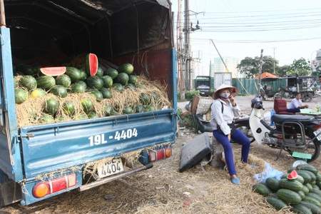 Tết Đoan Ngọ: Hoa quả đầy đường, vắng ngắt khách mua - 1 Cả xe dưa chất đầy thùng chờ khách mua