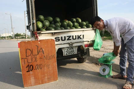 Tết Đoan Ngọ: Hoa quả đầy đường, vắng ngắt khách mua - 2 Giá ghi là 10 nghìn/kg nhưng trả 7 nghìn đồng vẫn bán vì ế quá
