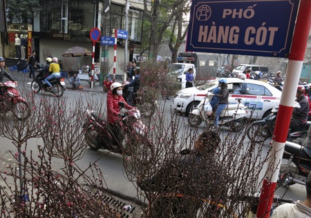 Một số người bán đào tràn ra đường phố đón khách mua.