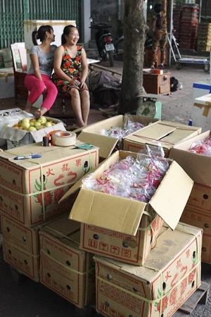 Chợ Giang - Đầu mối nông sản Trung Quốc - 7 Quả thanh long đóng trong thùng các tông với in chữ Trung Quốc.