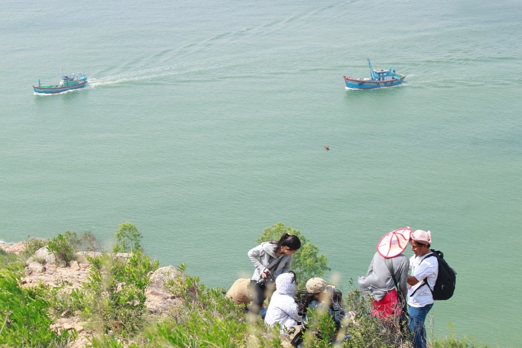 Những chiếc thuyền hành nghề gần bờ đang chạy vào bờ để bán cá sau một đêm lênh đênh trên biển