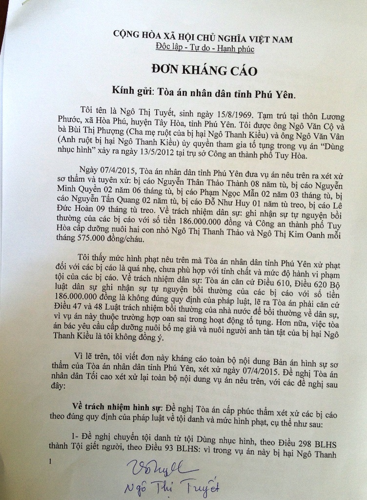 Đơn kháng cáo của chị Tuyết (chị ruột nạn nhân Kiều)