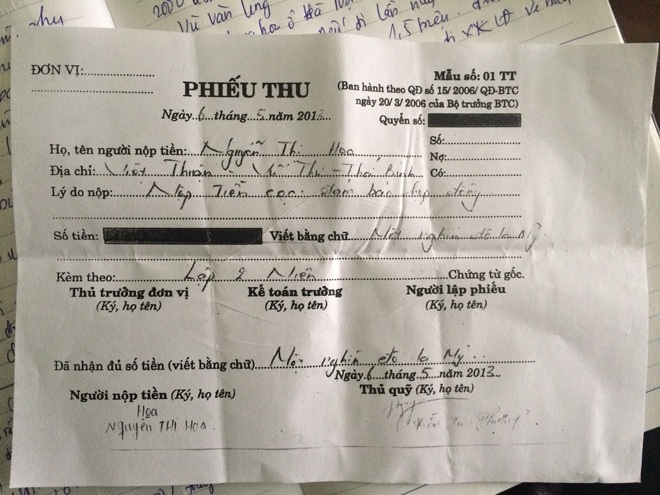 “Cõng nợ” vì giấc mơ sang Nhật thoát nghèo - 3 Một phiếu thu tiền do vợ chồng Hứng lập ra, không có con dấu.