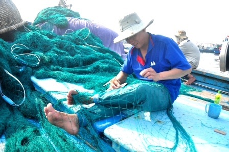 Ngư dân tấp nập đưa “lộc” Hoàng Sa về bến - 4 Ngư dân trên tàu cá QNg 94537TS của ông Ngô Tiên (Quảng Ngãi) tranh thủ vá lại lưới