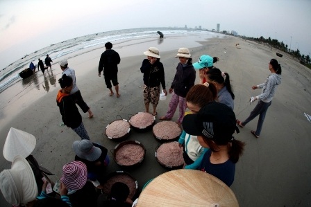 Buổi sáng, hàng trăm người tập trung mua bán ruốc trên bãi biển