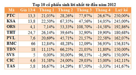 Điểm mặt cổ phiếu sinh lời nhất năm 2012 
