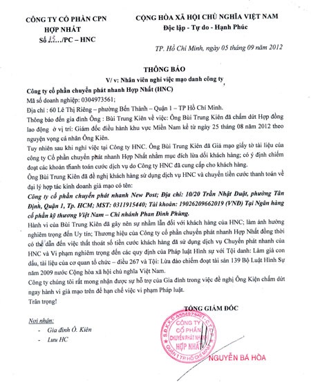 Ông Bùi Trung Kiên không còn liên quan đến HNC - 2 Công ty C