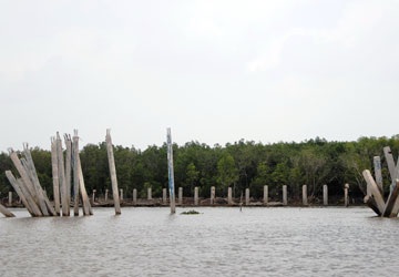 Cả trăm tỉ đồng có nguy cơ đổ biển - 1 Những mảng, trụ bê tông này sẽ hỗ trợ cho sóng “nuốt” Mũi Cà Mau nhanh hơn. Ảnh: TV