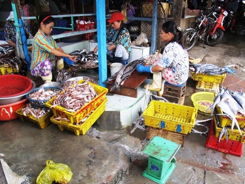 Chế biến chả cá ngay trên nền chợ trung tâm TP Tuy Hòa, tỉnh Phú Yên