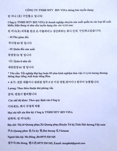 Công ty Bin Vina tuyển dụng nhân sự quản lý