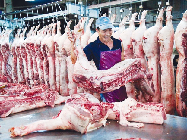 Hàng tết không thiếu, chỉ sợ bắt tay làm giá - 1 Quầy thịt heo tại chợ đầu mối Bình Điền. Ảnh: Thanh Hảo