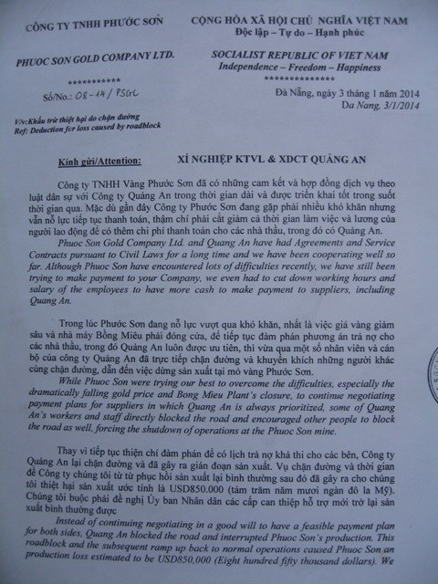 Công văn đòi trừ nợ của Công ty TNHH vàng Phước Sơn thuộc tập đoàn Besra Gold Inc
