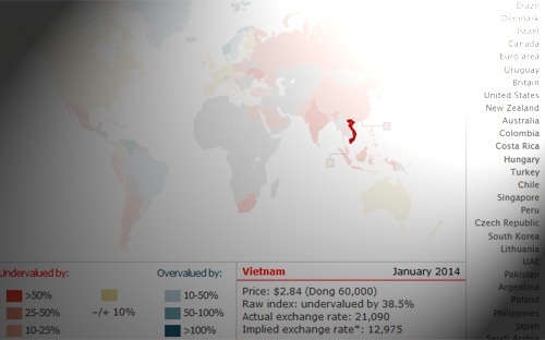 Tỷ giá tiền đồng nhìn từ chiếc bánh kẹp Big Mac - 1 Việt Nam trên bản đồ Big Mac Index - Ảnh chụp màn hình.
