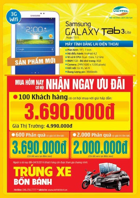 Mua Galaxy tab 3 Lite 3G T111 cơ hội nhận quà trị giá 3.690.000 đồng