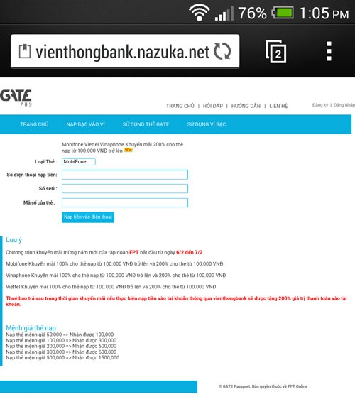 Mất tiền triệu vì nạp tiền khuyến mãi - 1 Trang web xuất hiện trong những ngày sau Tết để lừa tiền nạp
thẻ cào của người sử dụng điện thoại