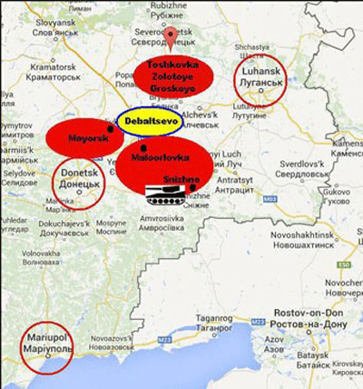 Kiev "rối loạn" trước việc binh sĩ tháo chạy khỏi miền Đông - 1 Chiến trường Debaltsevo (màu vàng) trong vòng vây của quân ly khai (ảnh: Dailypaul)