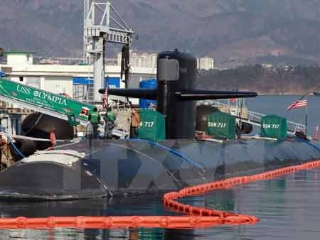 Hàn Quốc và Mỹ tiến hành cuộc tập trận hải quân chung - 1 Tàu ngầm Mỹ USS Olympia SSN-717 tại căn cứ hải quân Hàn Quốc tại Changwon (Nguồn: AFP/TTXVN)