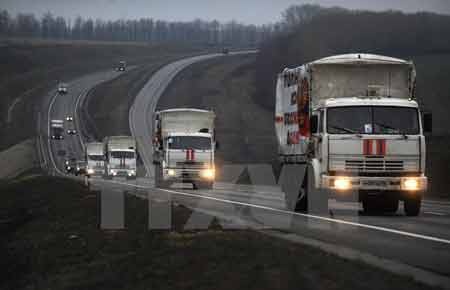Chuyến hàng viện trợ đầu tiên của LHQ đến miền Đông Ukraine - 1 Đoàn xe chuyển hàng viện trợ của Nga tới miền Đông Ukraine (Nguồn: AFP/TTXVN)