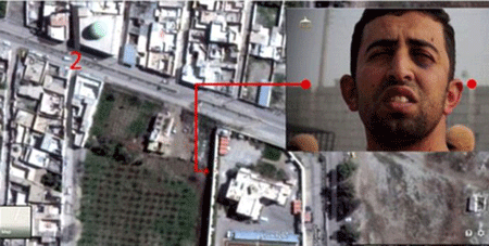 RIBSS chỉ ra vị trí hàng cây đằng sau phi công al-Kasaesbeh khi anh đi tới sân của khu tổ hợp