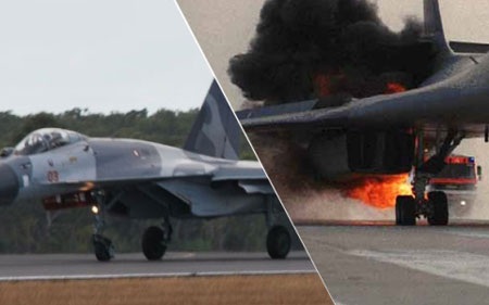 Máy bay Indonesia bốc cháy khi rời đường băng (Ảnh: