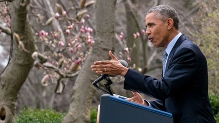 Cú thử tột đỉnh của học thuyết đối ngoại Obama - 1 Tổng thống Barack Obama phát biểu về thỏa thuận hạt nhân Iran tại Vườn Hồng, Nhà Trắng, hôm 2/4
