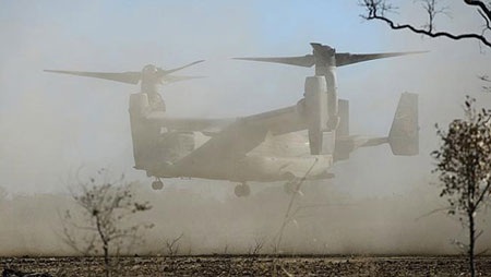 Máy bay vận tải MV-22 Osprey hiện đại nhất của hải quân Mỹ tham gia diễn tập. (Ảnh: