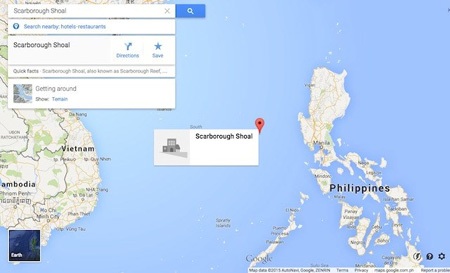 Google loại tên Trung Quốc khỏi bãi cạn tranh chấp với Philippines - 1 Bãi cạn Scarborough trên bản đồ Google Map (Nguồn: