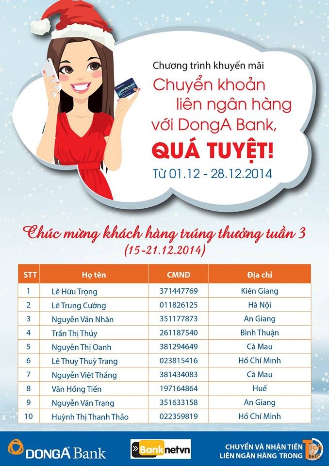 Danh sách 10 chủ nhân trúng thưởng Chuyển khoản liên ngân hàng với DongA Bank - 1 Chương trình đã t