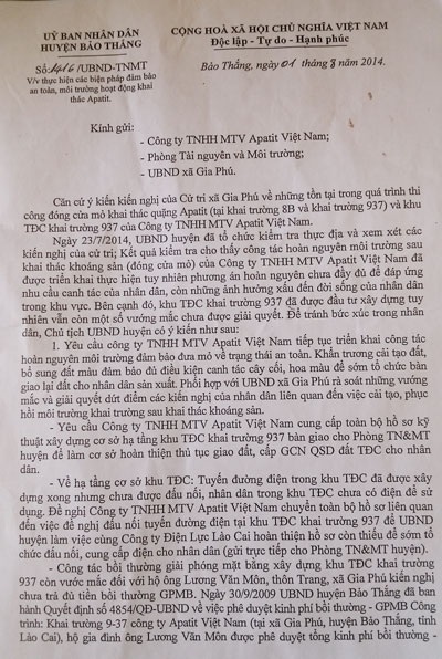 Apatit Việt Nam “bỏ quên” trách nhiệm giải quyết vụ công dân “tố” bị giả chữ ký - 2 Văn bản của UBND huyện Bảo Thắng yêu cầu Công ty Apatit Việt Nam trả lời trước ngày 15/8/2014