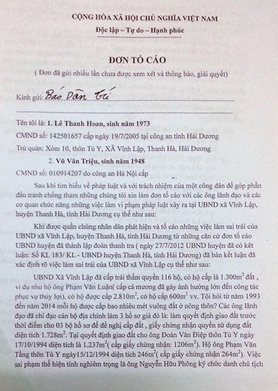 Hải Dương: Công dân “tố” cán bộ vi phạm chưa được xử lý nghiêm minh - 1 Đơn tố cáo công dân xã Vĩnh Lập gửi đến báo Dân trí