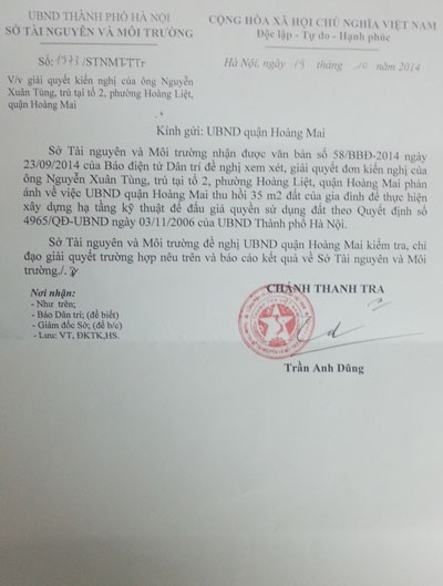 Công văn Sở TN&MT Hà Nội yêu cầu quận Hoàng Mai giải quyết dứt điểm vụ việc