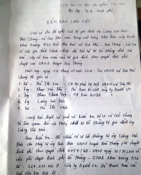Biên bản đối thoại giữa các đơn vị chức năng và gia đình ông Môn