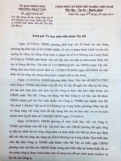 Công trình “khủng” ở phường Nhật Tân khởi công khi chưa có quyết định giao đất - 3 Báo cáo của UBND phường Nhật Tân thể hiện việc nhiều lần yêu cầu dừng thi công