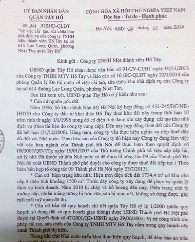 Công trình “khủng” ở phường Nhật Tân khởi công khi chưa có quyết định giao đất - 2 Văn bản số 121 chỉ chấp thuận cho chủ đầu tư thực hiện cải tạo trên hiện trạng công trình cũ.