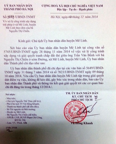 TP. Hà Nội yêu cầu huyện Mê Linh xử lý nghiêm túc vụ nhà dân bị xâm phạm - 2 TP. Hà Nội yêu cầu Chủ tịch UBND huyện Mê Linh xử lý dứt điểm vi phạm trong tháng 12/2014.
