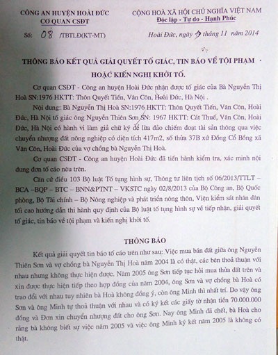 Chủ đất chết 4 năm, người mua vẫn ký được hợp đồng công chứng? - 3 Thông báo việc không khởi tố vụ án
hình sự của Công an huyện Hoài Đức.