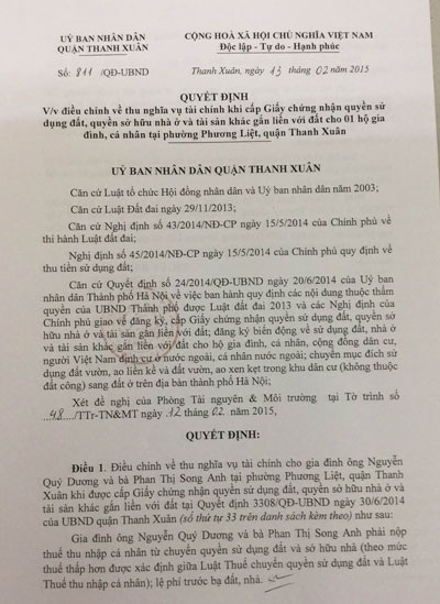 Quyết định điều chỉnh việc áp dụng nghĩa vụ tài chính của UBND quận Thanh Xuân