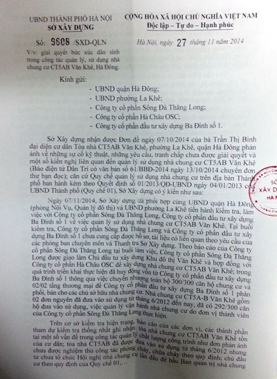 Chung cư CT5 Văn Khê sắp hết cảnh “trắng” người đại diện trước pháp luật - 3 Văn bản chỉ đạo Sở Xây dựng gửi các đơn vị chức năng
